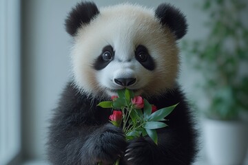 Naklejka premium A cute panda cub holding flowers, showcasing a playful and gentle demeanor.
