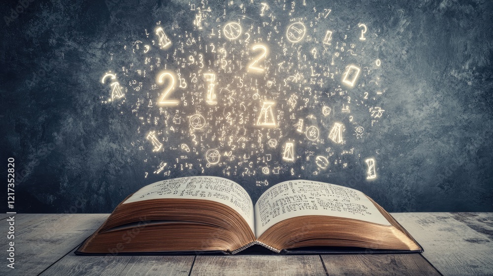 Aufkleber an open book with glowing numbers, probability trees, and calculus formulas hovering in the air on a