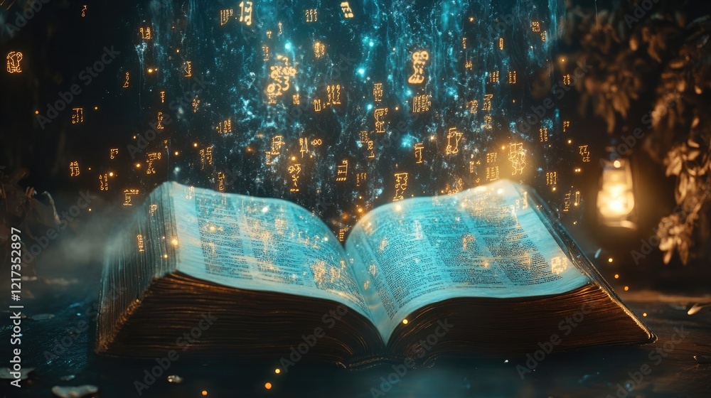 Poster an open book with glowing numbers, probability trees, and calculus formulas hovering in the air on a