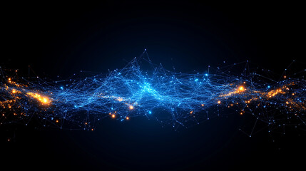 Fototapeta premium Abstract Digital Nebula: A mesmerizing visualization of interconnected data points, forming a nebula-like structure with vibrant blue and orange hues against a deep black background.
