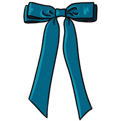 Green hand drawn blue bow, ribbon, on transparent background