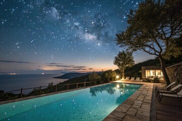 Fototapeta premium Glistening pool under starry night sky, serene ambiance, starry night sky