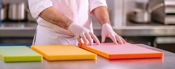 food safety hygiene training concept. A chef prepares ingredients on colorful cutting boards in a modern kitchen environment.