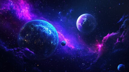 Two vibrant planets in a nebula, cosmic scene.