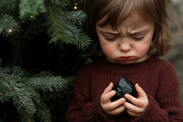 Child Holding Lump of Coal Near Christmas Tree