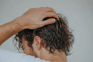 Naklejka premium A curly-haired man caring for his hair, styling it. Men's wavy hair styling.