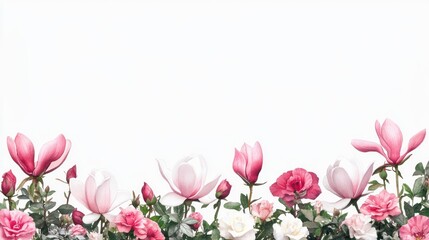 Pink and white magnolias and roses border on white background.