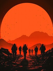 Fototapeta premium Silhouettes of soldiers at the front seen from behind, war scenes. Generative Ai