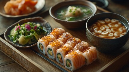 Salmon sushi platter, miso soup, side dishes, restaurant table