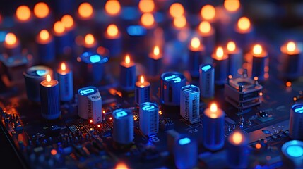 A close-up view of a miniature model of a nuclear power plant featuring several cooling towers illuminated by soft blue lights.