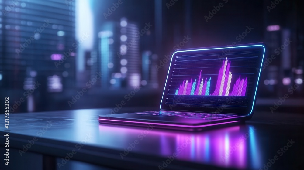 Poster futuristic laptop with neon graphs displaying data in a modern city environment at night