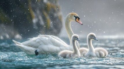 Obraz premium Adult Swan Protecting Two Cygnets Swimming