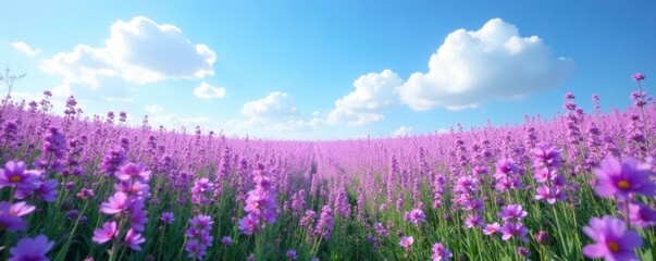 Field of purple flowers with a few wispy clouds drifting overhead, flower field, floral