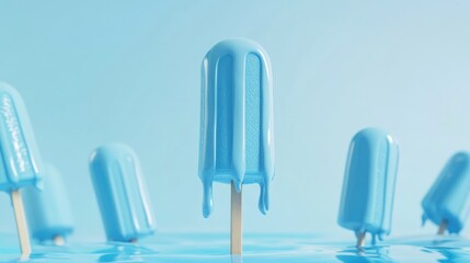 Melting blue popsicles in water, summer refreshment