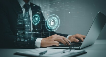 Man is typing on a laptop with a security symbol on the screen