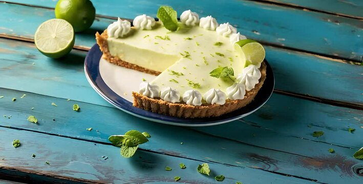 Key lime pie on rustic blue wooden table