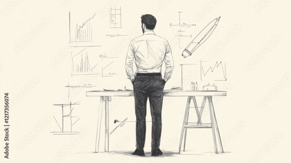Poster business professional analyzing graphs and charts in a minimalist workspace with tools
