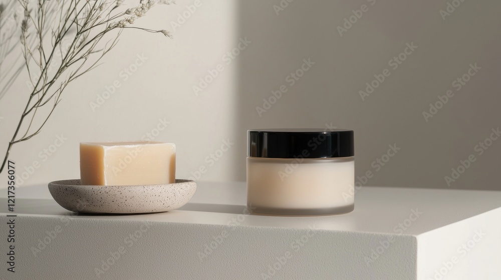 Poster white shelf with a small bowl and a jar of cream on it. the jar has a black lid and is placed on the