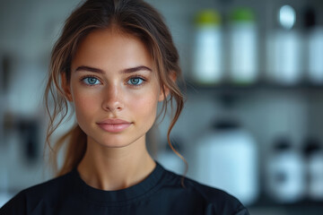 Obraz premium Promotional flyer design featuring a young woman with captivating blue eyes in a modern space