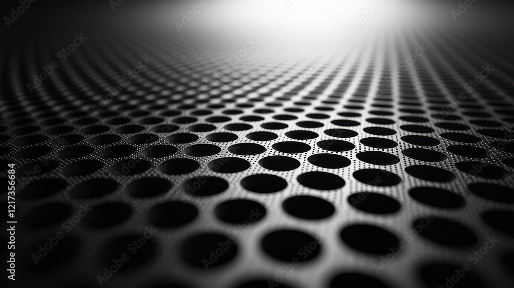 Poster abstract grayscale image of a perforated metal sheet with a perspective effect.