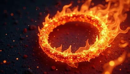 Fototapeta premium Intricate fiery spiral, glowing embers, dark background Crimson, gold, deep orange tones , energy, light, backdrop