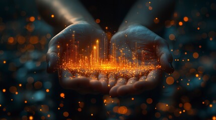 Open hands cradling a sparkling city skyline, representing hope, dreams, and the limitless potential of human creativity set against a vibrant, illuminating background.