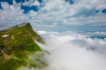 highland panorama of Swiss Alps mountains. Alpine valley Grindelwald. Jungfrau region, Switzerland.