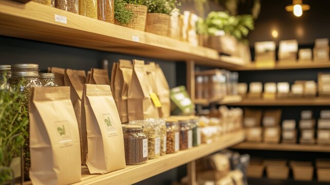 Eco-friendly packaging displayed in a store setting, such as shelves lined with sustainable products, reusable bags, and compostable food containers, 16:9