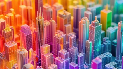 Abstract 3D visualization of colorful vertical bars representing a city skyline.
