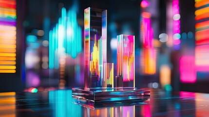 A series of translucent, vertical display panels stand on a sleek surface,