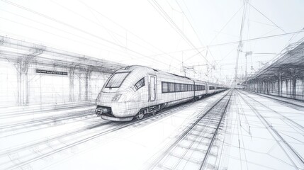 Sketch of high-speed train at station platform.