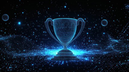 Futuristic glowing trophy in digital space.