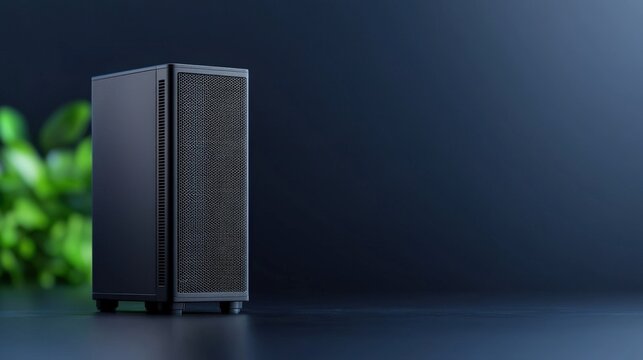 Black computer tower on table with network load balancing equipment and cables for data management setup - Powered by Adobe