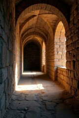 Obraz premium Corridors of weathered stone illuminated by soft golden light, twilight, glowing, ancient