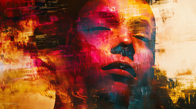 An abstract technology background featuring a human face, blending digital elements with organic features.
