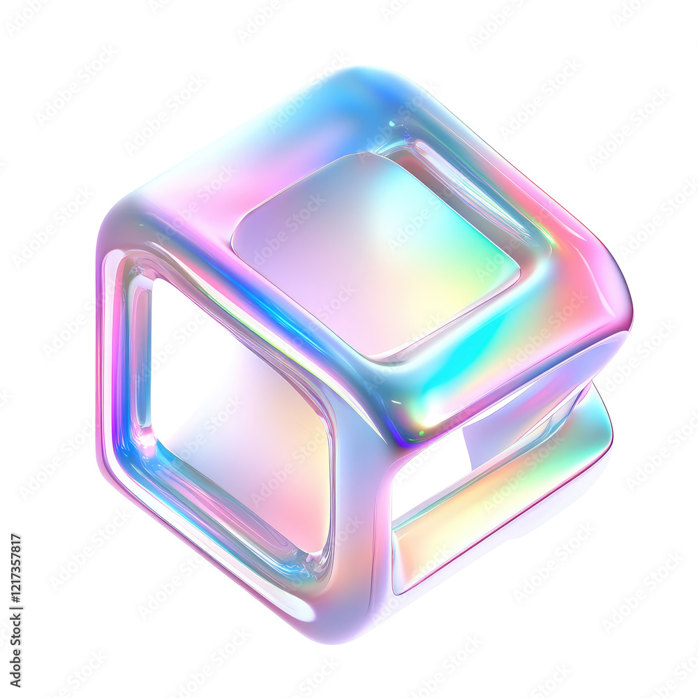Poster iridescent holographic cube: a mesmerizing abstract 3d render of a cube with iridescent, holographic