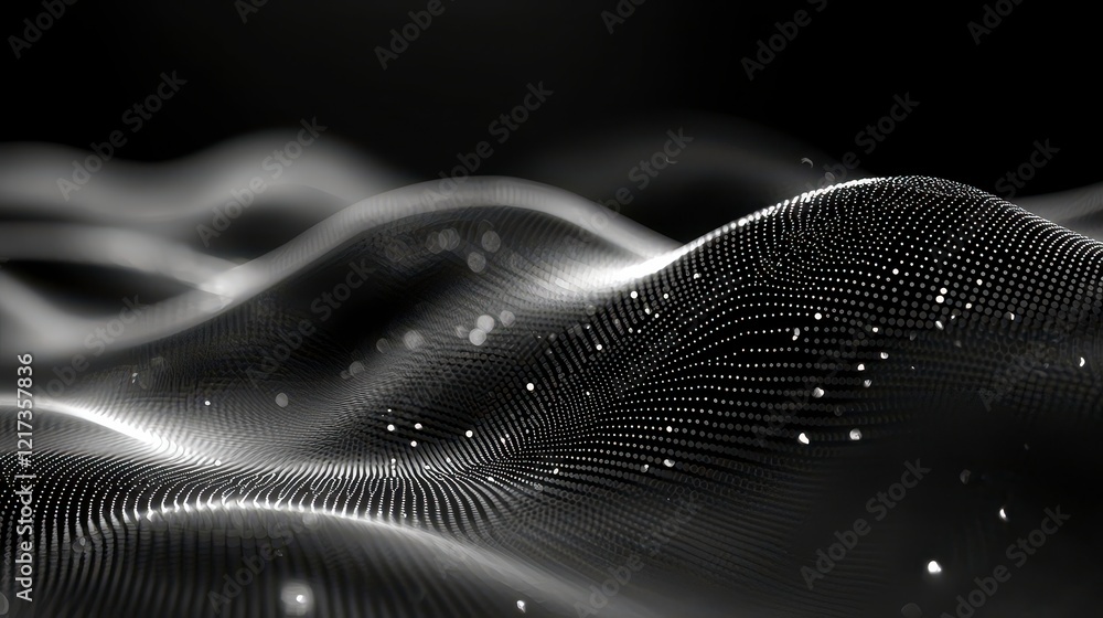 Poster abstract grayscale wave of particles, flowing smoothly across dark background.
