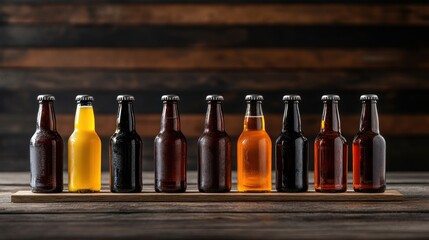 A vibrant beer display with assorted bottle colors in a rustic pub setting