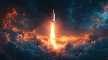 New space rocket lifting off with smoke and blast against earth at sunset