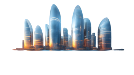 Group of Futuristic Office Towers with Reflective Glass, Png