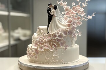 Three-tiered wedding cake decorated with pink sugar flowers and a miniature bride and groom kissing on top