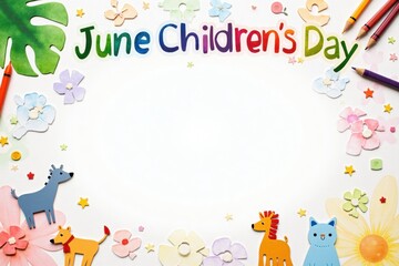 Fototapeta premium A festive table setting featuring colorful drawing materials, a jigsaw puzzle, and cheerful toy animals, with 