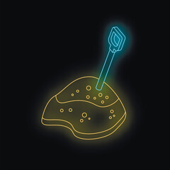 Glowing neon shovel digging into a pile of dirt, creating a vibrant and eye catching image against a black background