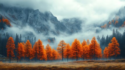 Fog rolling over autumn meadow colorful trees shrouded in mist the scene framed by distant alpine peaks under a cloudy sky creating a peaceful and tranquil landscape