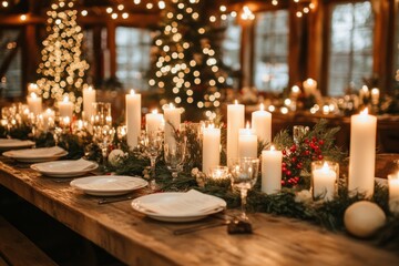 Festive table setting with candles, greenery, and string lights creating a warm and inviting atmosphere for christmas celebration