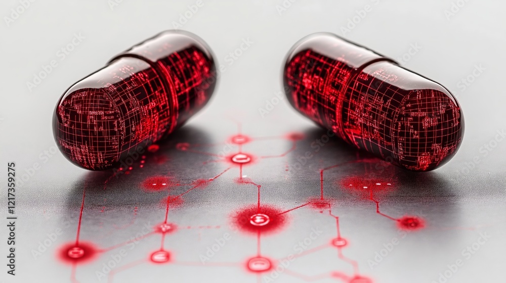 Aufkleber two red capsules with digital patterns on a sleek surface, symbolizing technology and innovation in 