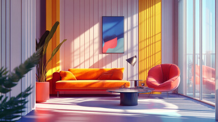 Cozy Bed and Breakfast Retreat Charming Flat Graphic Illustration, Exploring Modern Cozy Living Room with Augmented Reality on Tablet