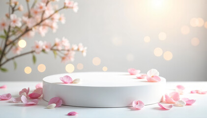 3d Mock up Pale podium with rose petals and soft lighting Pedestal stage for romantic product presentation Delicate scene for advertising Sale promotion background