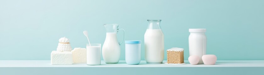 A nutritional breakdown chart with dairy products, symbolizing cow farm dairy nutrition, futuristic design, pastel blue and white tones, generous copy space