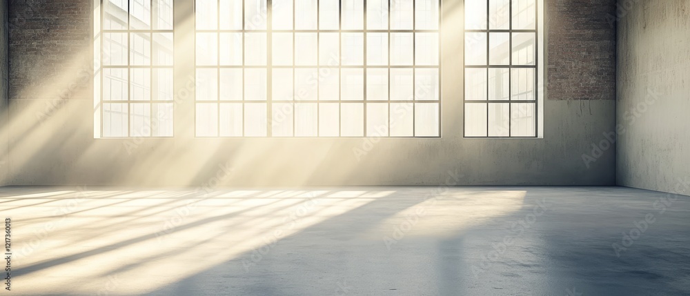 Poster an empty industrial loft, featuring a concrete floor and large windows, illuminated by soft sunlight